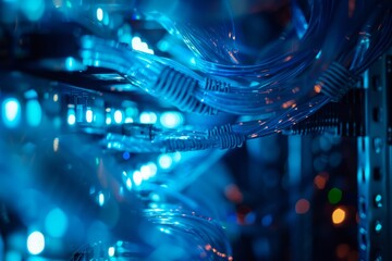 Cables and blinking lights illuminate a futuristic server room as data transfer occurs