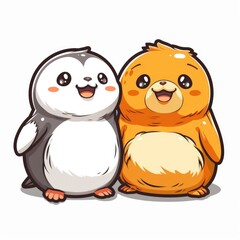 Fototapeta premium cute penguin and seal logo sticker, Sticker, outline, vector, polar, simple, icy blue, white, kawaii