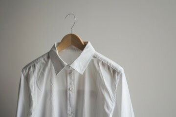 A white long-sleeved button-down shirt hangs on a wooden hanger against a white backdrop. The shirt is neatly pressed and the hanger is centered in the image