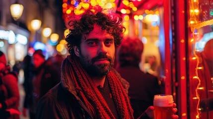 Obraz premium A man with a beard and a scarf is standing in front of a bar. Generate AI image