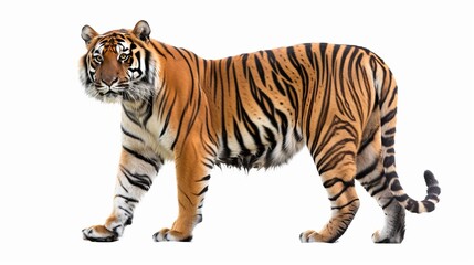 Fototapeta premium A captivating photo of a standing tiger with its side gaze, emphasizing its majestic presence and intricate stripe pattern, symbolizing power and natural beauty.