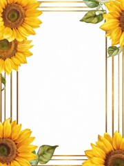 Fototapeta premium Postcard, letterhead with yellow sunflowers on white background and rectangular frame, wedding invitation card, template