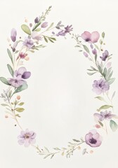 Fototapeta premium Postcard, letterhead with blue, purple flowers on white background and r frame, wedding invitation card, template, watercolor style