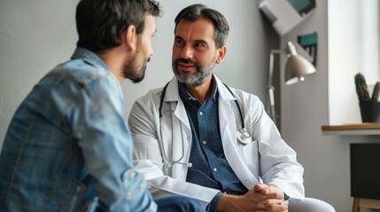 Obraz premium A medical professional providing consultation and support to a patient in a well-lit, modern clinic setting.