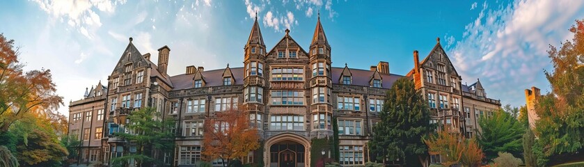 Fototapeta premium Stunning panoramic view of a historic brick building surrounded by autumn trees under a vibrant blue sky with scattered clouds.