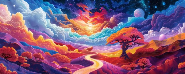 A vibrant, surreal landscape with a winding path, colorful trees, and a dreamy sky filled with clouds and a distant planet.