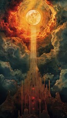 Surreal digital artwork depicting a celestial castle beneath a radiant, glowing sun, with mystical, dramatic clouds surrounding the heavenly scene.