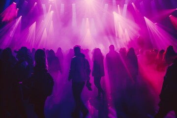 A crowd of people dance and enjoy themselves at a music festival, bathed in bright purple stage lights