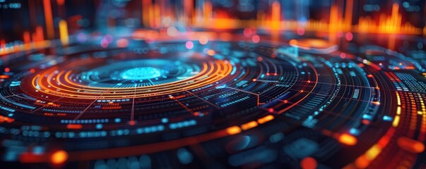 Abstract futuristic technology background with glowing circuits and digital interface, representing high-tech innovation and data visualization.