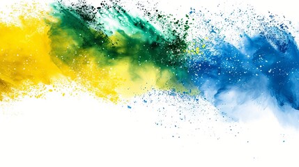 Vibrant abstract artwork showcasing a dynamic interplay of yellow, green, and blue paint splashes, representing creativity and energy on a white background.