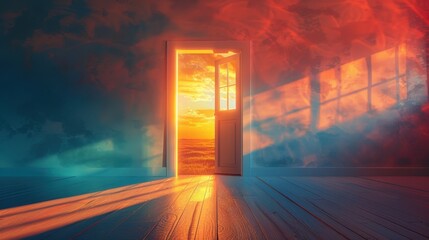 An open door reveals a breathtaking sunset over the ocean, with vibrant colors lighting up the room and casting long shadows on the floor.