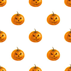 Halloween scary pumpkins seamless pattern. Watercolor illustration on white background. Painted funny orange pumpkin, holiday festive symbol, print for wrap design, party, textile, scrapbooking.