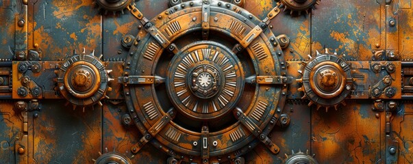 Fototapeta premium Antique rusted metal gear mechanism close-up, with intricate details and textures. Steampunk industrial aesthetics and vintage engineering concepts.
