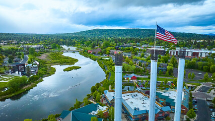 Aerial Fly Over American Flag Industrial Old Mill District River Bend © Nicholas J. Klein