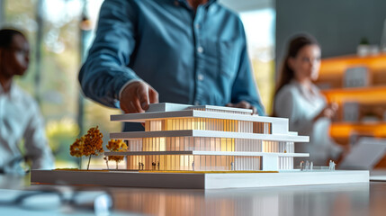 Architect examines a detailed building model in a modern office environment, emphasizing urban planning and innovative design.
