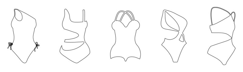 Set of various women' bikinis in outline style isolated on white background for icons, webs, apps, banners, stickers