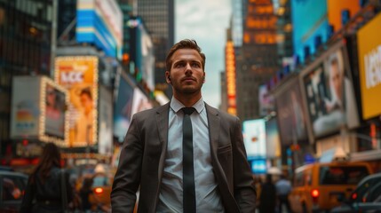 Fototapeta premium Businessman walking confidently through a busy urban street with vibrant billboards in the background during twilight.