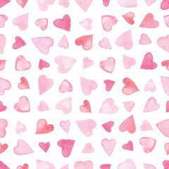 Watercolor pink hearts on a white background, romantic seamless pattern, hand-drawn. Colorful hearts, abstract endless background pattern. An element for a holiday, fabric, wrapping paper, wallpaper.