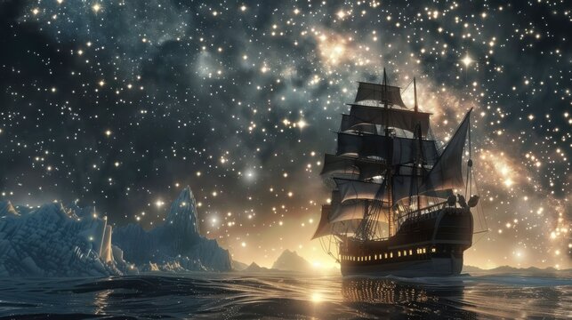 Realistic ship journeying through a sky full of stars, merging sea voyage with cosmic beauty, highly detailed