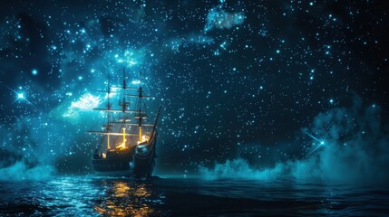Realistic ship navigating through a starry night sky, merging maritime journey with cosmic elements, highly detailed scene