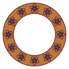 Round circular frame or border with stylized flowers. Folk style.