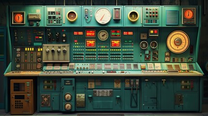 An intricate vintage control panel filled with an array of dials, meters, and buttons, reflecting a bygone era of analog technology and mechanical engineering precision.