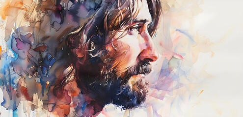 Watercolor painting of Jesus looking to the right, detailed and expressive portrait. Suitable for religious events and decorations. The image has copy space.