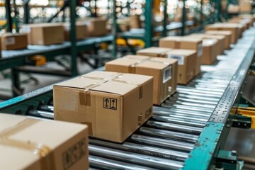 Cardboard Boxes Moving On Conveyor Belt In Warehouse