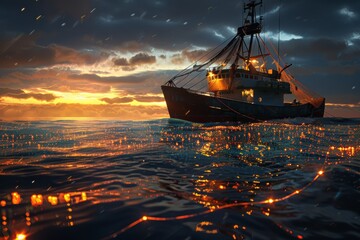 Fototapeta premium Commercial Fishing Boat at Dawn with Nets Cast into Glowing Sea - Fishing Industry Essence