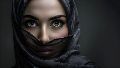 Naklejka premium Portrait of beautiful woman with burqa in Ramadan, perfect for cultural or religious design. Copy space available.