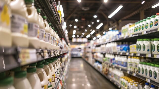 Modern Grocery Store Aisle Featuring Organic and Classic Dairy Milk Products for Sale