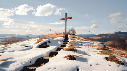Cross on a snowy hill under a partly cloudy sky, depicting a serene winter landscape ideal for religious or spiritual usage. Copy space available.