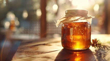 A jar of honey is sitting on a wooden table. Generate AI image