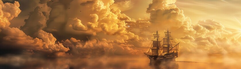 Obraz premium Maritime ship sailing through clouds, surreal and vivid, highly detailed image