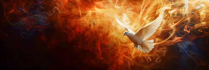 Winged dove in flames, a representation of the new testament holy spirit with copy space.