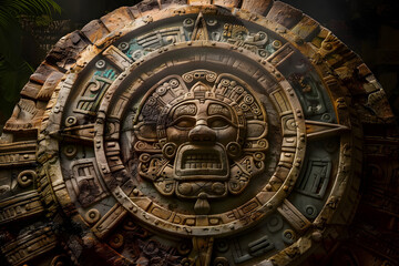 Mayan calendar, an ancient stone artifact with intricate carvings surrounded by hieroglyphs. Suitable for cultural, historical designs with copy space.