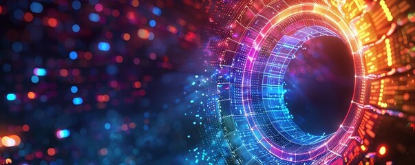 Obraz premium Futuristic digital design featuring colorful abstract patterns and glowing elements, illustrating technology, innovation, and data visualization.