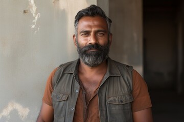 Obraz premium Portrait of a blissful indian man in his 40s wearing a rugged jean vest on bare concrete or plaster wall