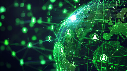 Obraz premium Global digital network connection concept with glowing green icons and lines representing worldwide communication and data exchange.