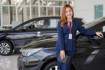 A female car salesperson smiling looking at camera Professional working at new car dealership showing welcome display in showroom