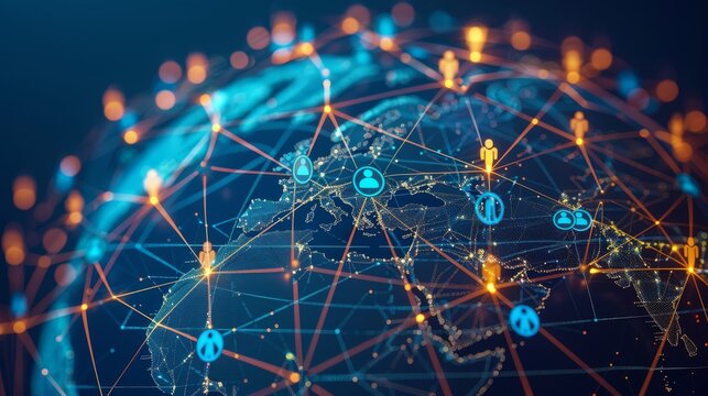 Global network visualization using digital technology that connects people and devices around the world, illustrating connectivity and communication.