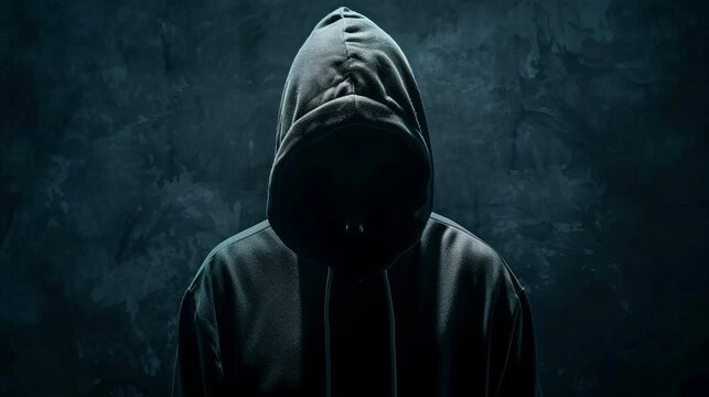 A mysterious hooded figure stands against a dark, textured background, exuding intrigue and a sense of anonymity, leaving their identity hidden and unknown.
