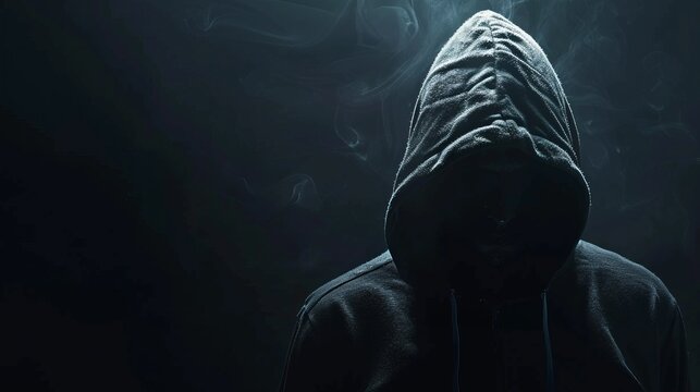 A mysterious hooded figure stands in the darkness surrounded by smoke, creating an enigmatic and secretive atmosphere that evokes curiosity and intrigue.