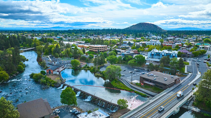 Aerial Fly Over Riverfront Community in Bend Oregon