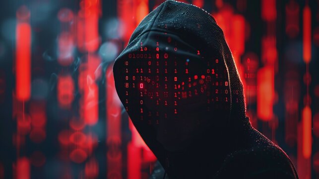 A hooded figure illuminated by red light, overlaid with binary codes. The image suggests themes of cyber warfare, technology, and the dark facets of digital realms.