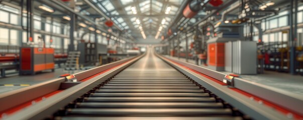 Industrial factory interior with conveyor belts and machinery, showcasing modern automated production line in a spacious, well-lit environment.