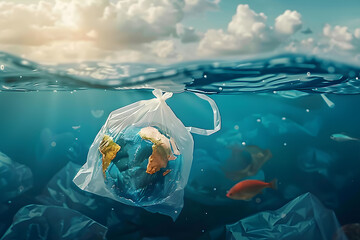 Concept of International Plastic Bag Free Day, plastic waste floating in the sea , The Earth is in a white plastic handle bag , 
