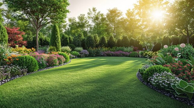 Lush garden with vibrant flowers and neatly trimmed lawn under the warm glow of a setting sun, creating a serene and picturesque scene.