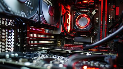 A close-up view inside a computer case highlighting various hardware components, including a CPU cooler and multiple fans, illuminated by stylish red lighting, creating a modern tech vibe.