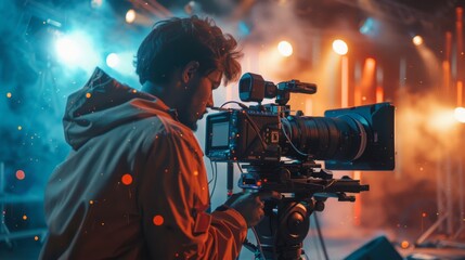 Fototapeta premium Video creators at work, pro camera gear, studio lights, imaginative space, dedicated and passionate.